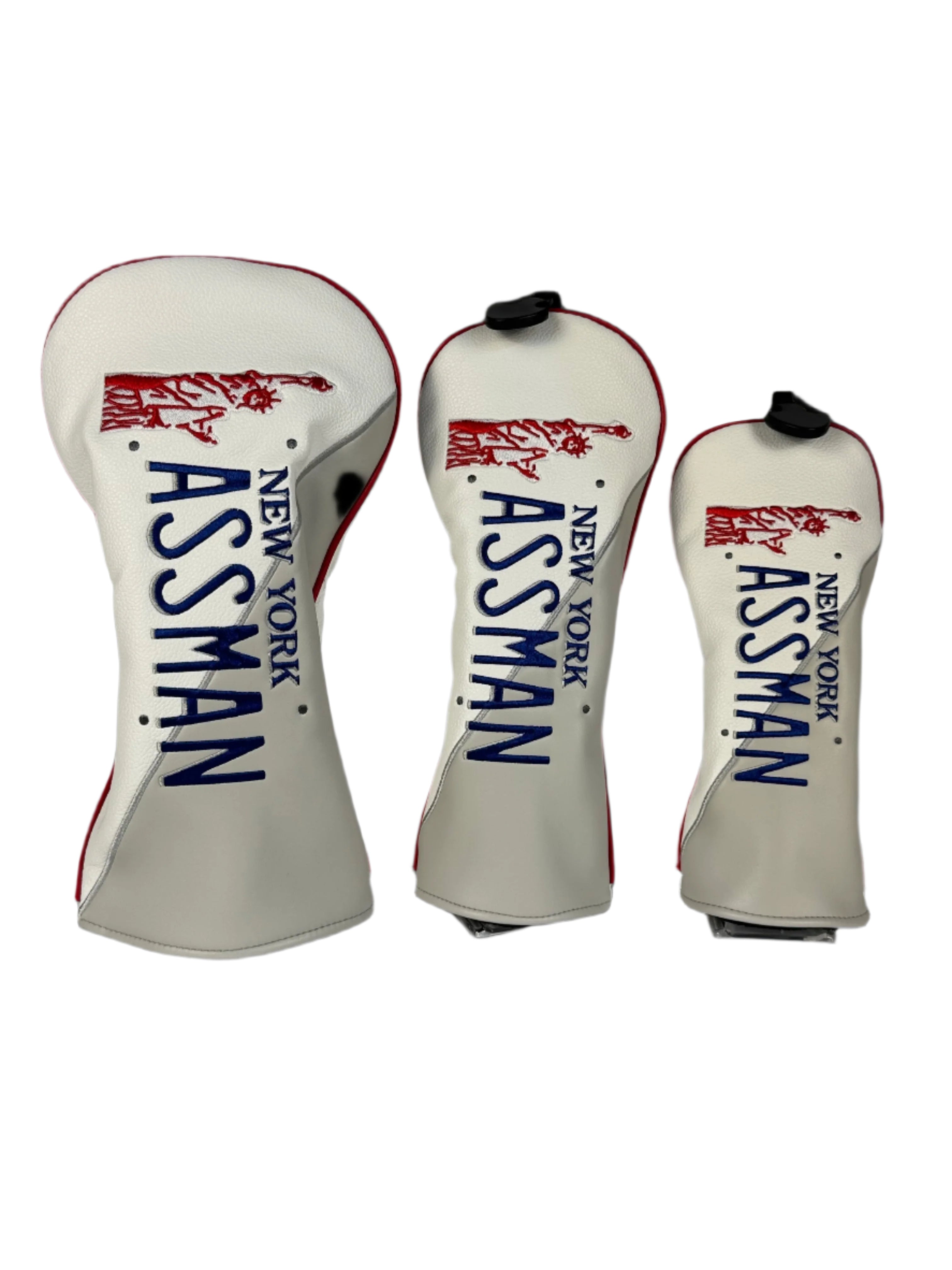 Full set of Three Jack Assman golf club head covers with 'New York Assman' branding on a white background